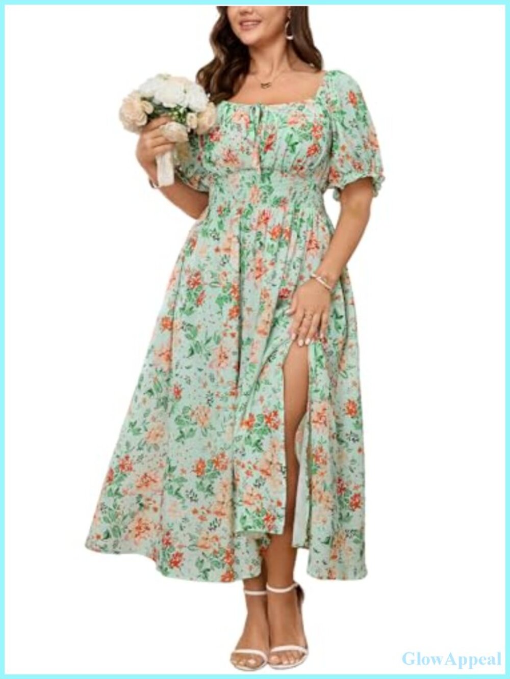 Plus Size Floral Milkmaid Maxi Dress Square Neck Smocked Puff Sleeve Boho